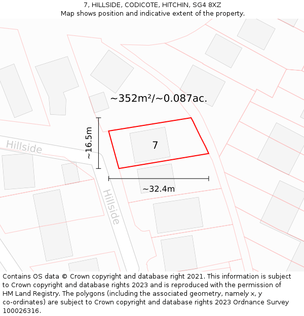 7, HILLSIDE, CODICOTE, HITCHIN, SG4 8XZ: Plot and title map
