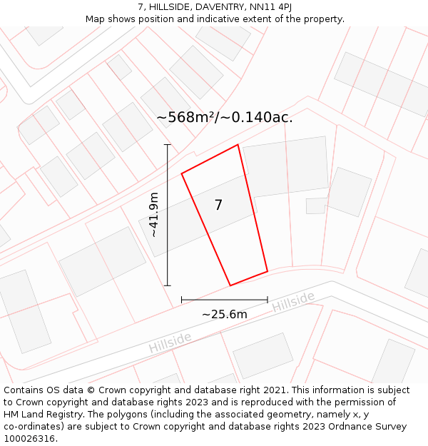 7, HILLSIDE, DAVENTRY, NN11 4PJ: Plot and title map
