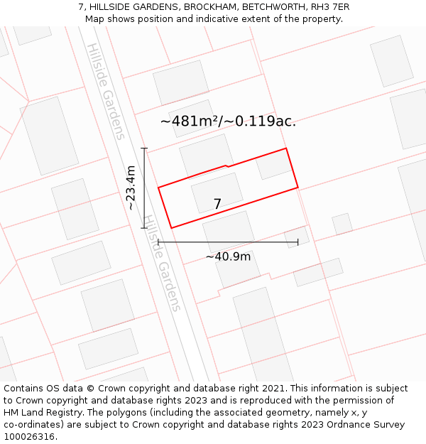 7, HILLSIDE GARDENS, BROCKHAM, BETCHWORTH, RH3 7ER: Plot and title map