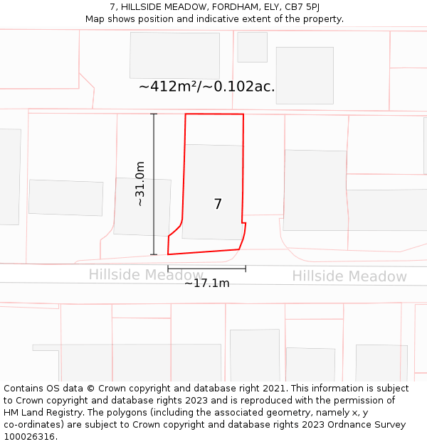 7, HILLSIDE MEADOW, FORDHAM, ELY, CB7 5PJ: Plot and title map