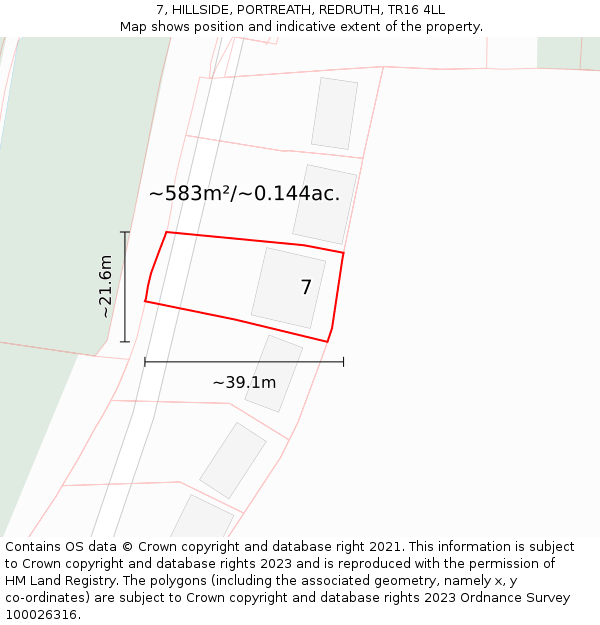 7, HILLSIDE, PORTREATH, REDRUTH, TR16 4LL: Plot and title map