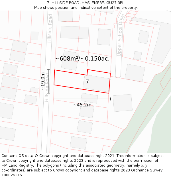 7, HILLSIDE ROAD, HASLEMERE, GU27 3RL: Plot and title map