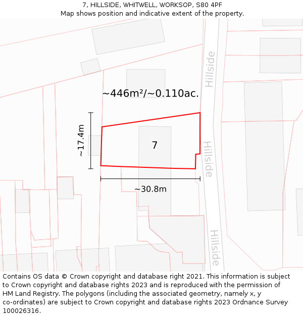7, HILLSIDE, WHITWELL, WORKSOP, S80 4PF: Plot and title map