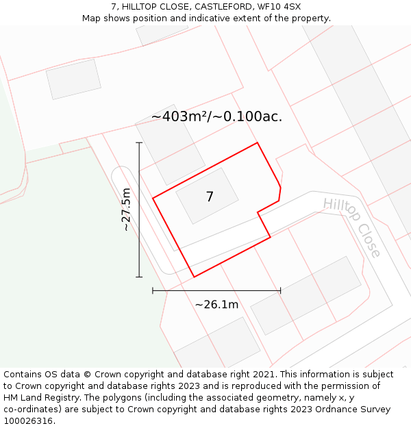 7, HILLTOP CLOSE, CASTLEFORD, WF10 4SX: Plot and title map