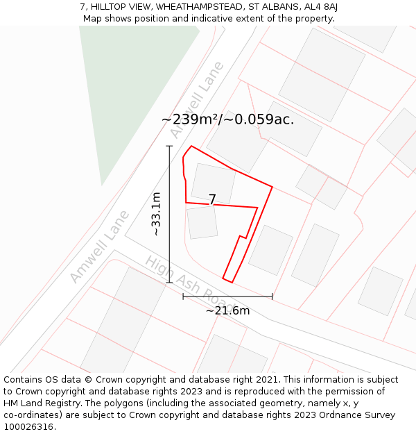 7, HILLTOP VIEW, WHEATHAMPSTEAD, ST ALBANS, AL4 8AJ: Plot and title map