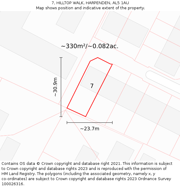 7, HILLTOP WALK, HARPENDEN, AL5 1AU: Plot and title map