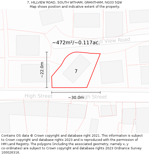 7, HILLVIEW ROAD, SOUTH WITHAM, GRANTHAM, NG33 5QW: Plot and title map