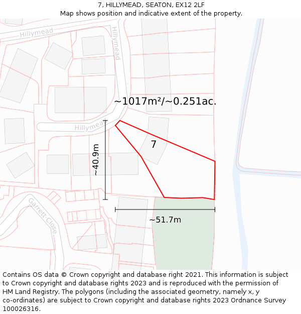 7, HILLYMEAD, SEATON, EX12 2LF: Plot and title map