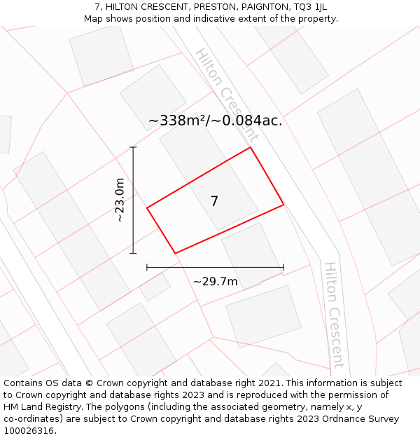 7, HILTON CRESCENT, PRESTON, PAIGNTON, TQ3 1JL: Plot and title map