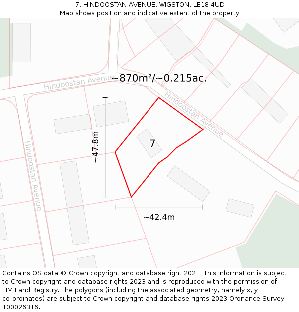 7, HINDOOSTAN AVENUE, WIGSTON, LE18 4UD: Plot and title map