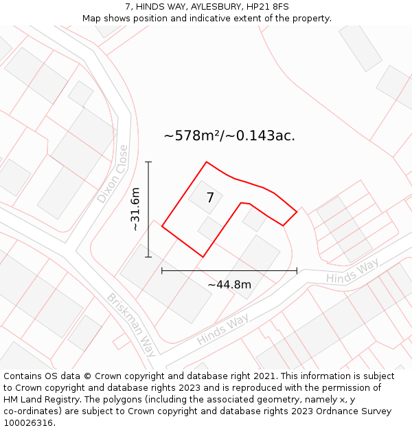7, HINDS WAY, AYLESBURY, HP21 8FS: Plot and title map