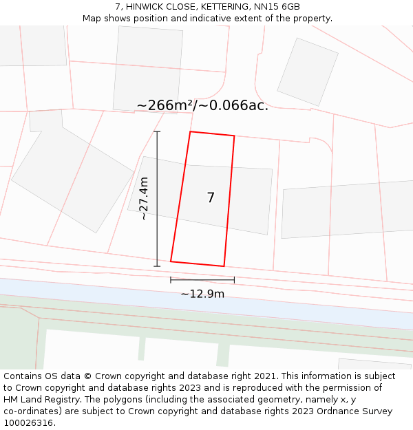 7, HINWICK CLOSE, KETTERING, NN15 6GB: Plot and title map