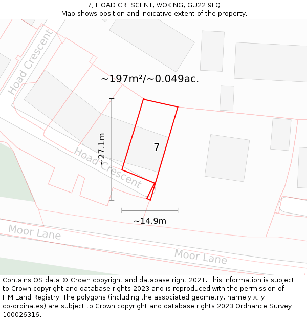 7, HOAD CRESCENT, WOKING, GU22 9FQ: Plot and title map