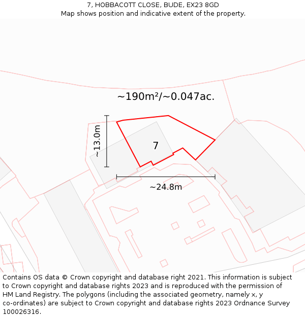 7, HOBBACOTT CLOSE, BUDE, EX23 8GD: Plot and title map