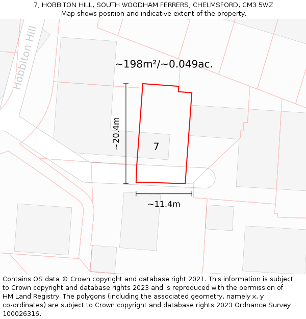 7, HOBBITON HILL, SOUTH WOODHAM FERRERS, CHELMSFORD, CM3 5WZ: Plot and title map