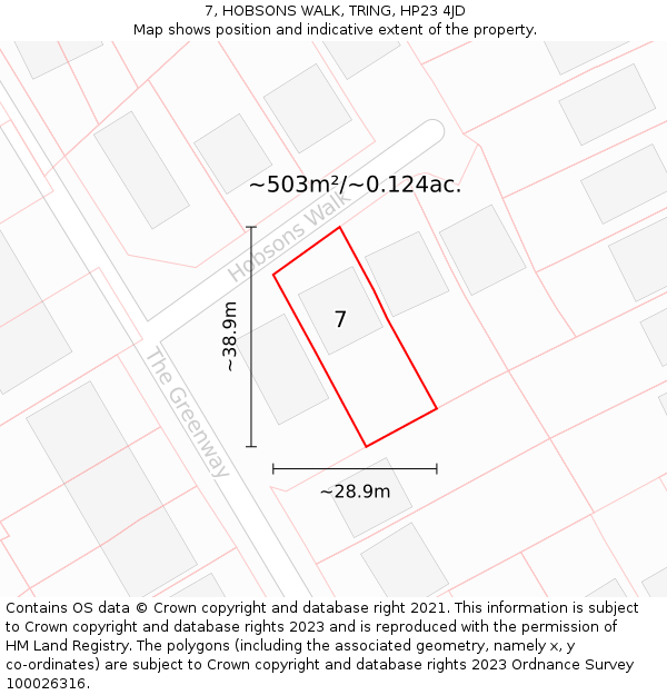 7, HOBSONS WALK, TRING, HP23 4JD: Plot and title map