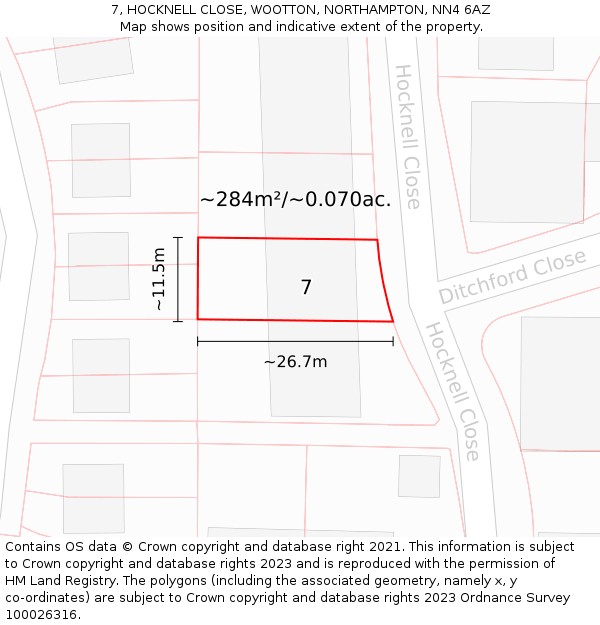 7, HOCKNELL CLOSE, WOOTTON, NORTHAMPTON, NN4 6AZ: Plot and title map