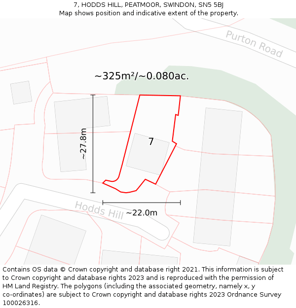 7, HODDS HILL, PEATMOOR, SWINDON, SN5 5BJ: Plot and title map