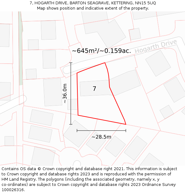 7, HOGARTH DRIVE, BARTON SEAGRAVE, KETTERING, NN15 5UQ: Plot and title map