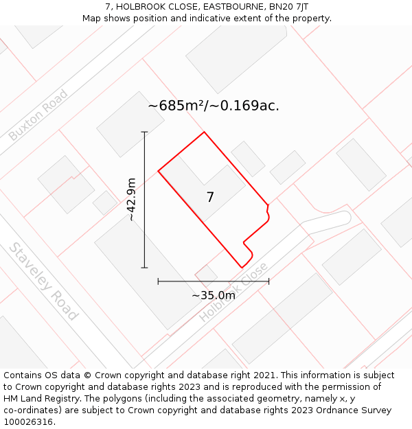 7, HOLBROOK CLOSE, EASTBOURNE, BN20 7JT: Plot and title map