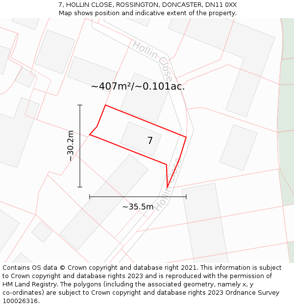 7, HOLLIN CLOSE, ROSSINGTON, DONCASTER, DN11 0XX: Plot and title map
