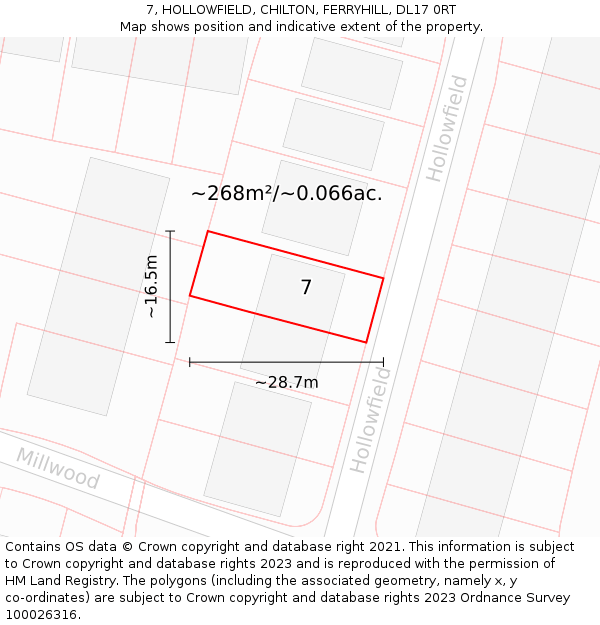 7, HOLLOWFIELD, CHILTON, FERRYHILL, DL17 0RT: Plot and title map