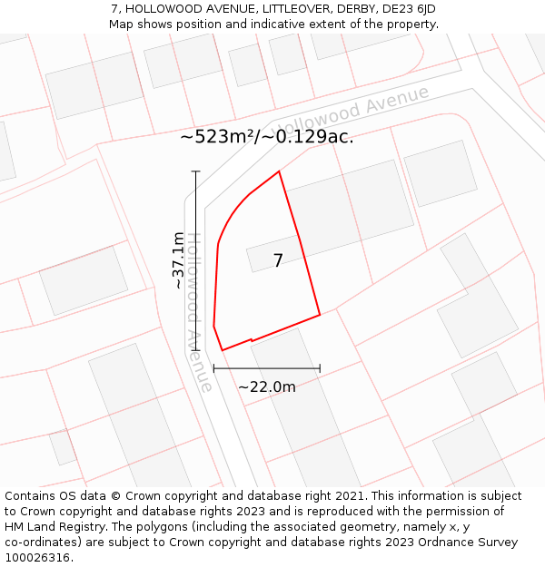 7, HOLLOWOOD AVENUE, LITTLEOVER, DERBY, DE23 6JD: Plot and title map