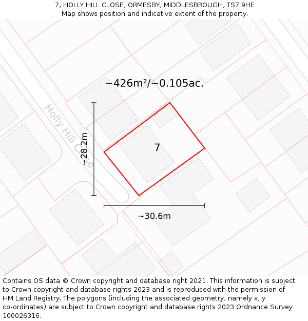 7, HOLLY HILL CLOSE, ORMESBY, MIDDLESBROUGH, TS7 9HE: Plot and title map