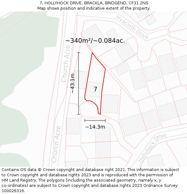 7, HOLLYHOCK DRIVE, BRACKLA, BRIDGEND, CF31 2NS: Plot and title map