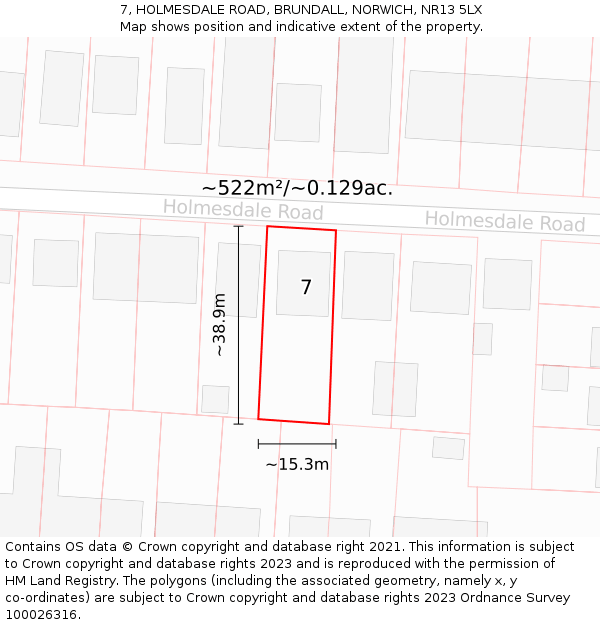 7, HOLMESDALE ROAD, BRUNDALL, NORWICH, NR13 5LX: Plot and title map