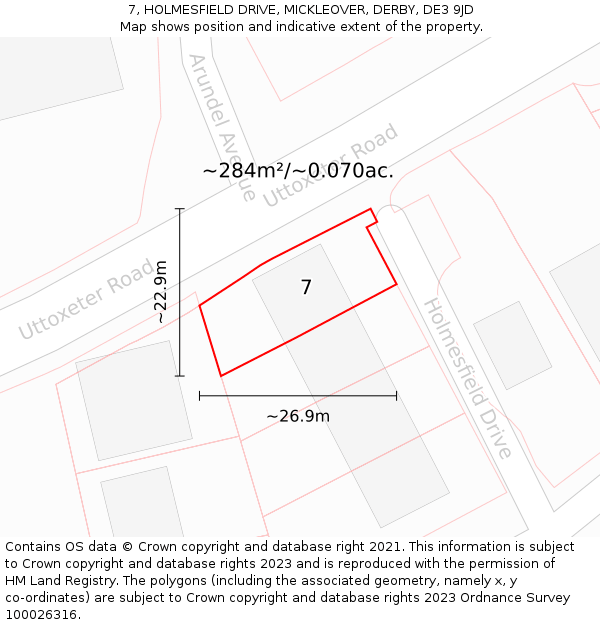 7, HOLMESFIELD DRIVE, MICKLEOVER, DERBY, DE3 9JD: Plot and title map
