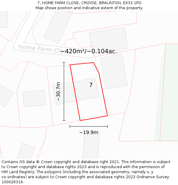 7, HOME FARM CLOSE, CROYDE, BRAUNTON, EX33 1PD: Plot and title map