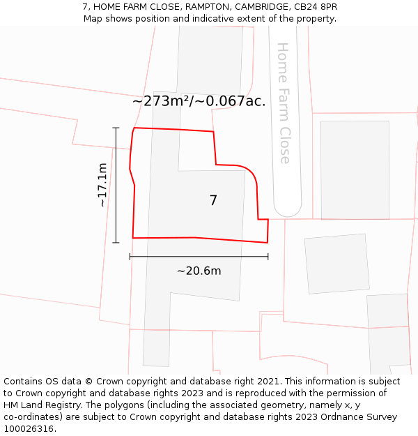 7, HOME FARM CLOSE, RAMPTON, CAMBRIDGE, CB24 8PR: Plot and title map