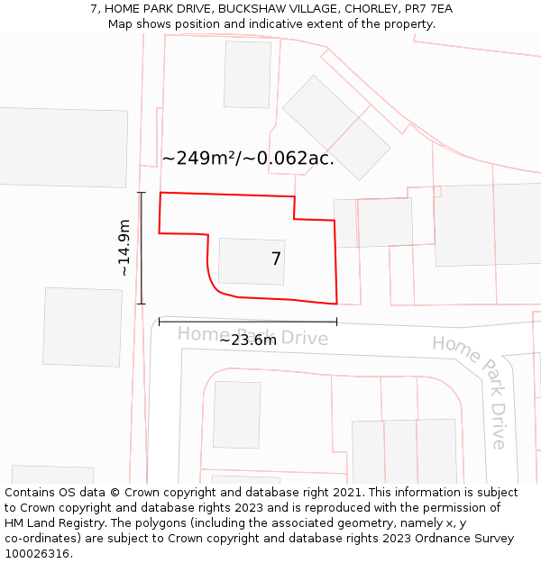 7, HOME PARK DRIVE, BUCKSHAW VILLAGE, CHORLEY, PR7 7EA: Plot and title map