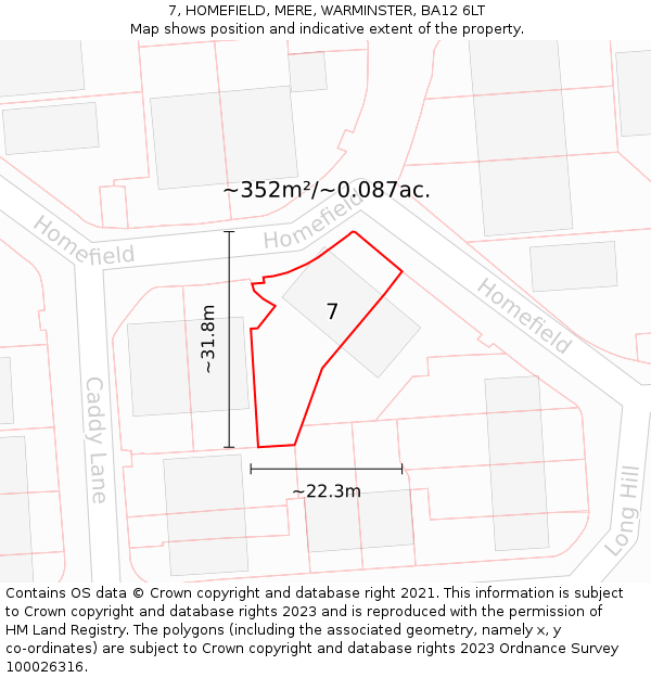 7, HOMEFIELD, MERE, WARMINSTER, BA12 6LT: Plot and title map