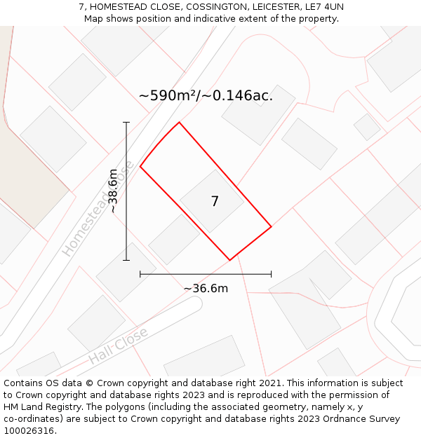 7, HOMESTEAD CLOSE, COSSINGTON, LEICESTER, LE7 4UN: Plot and title map