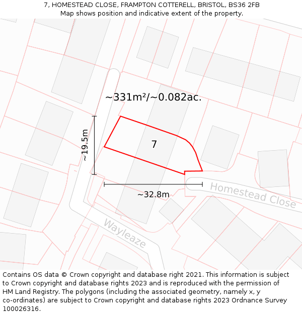 7, HOMESTEAD CLOSE, FRAMPTON COTTERELL, BRISTOL, BS36 2FB: Plot and title map