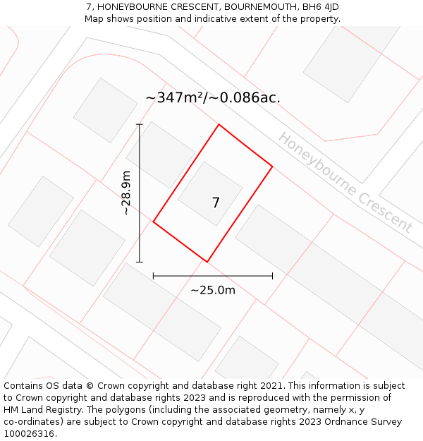 7, HONEYBOURNE CRESCENT, BOURNEMOUTH, BH6 4JD: Plot and title map