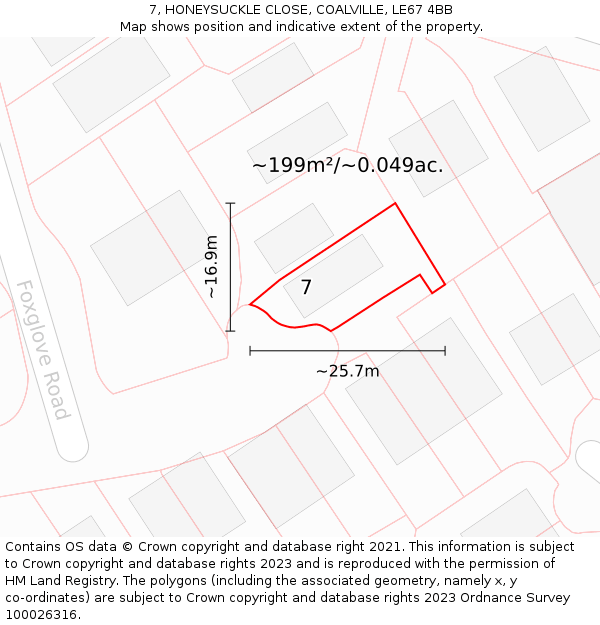 7, HONEYSUCKLE CLOSE, COALVILLE, LE67 4BB: Plot and title map