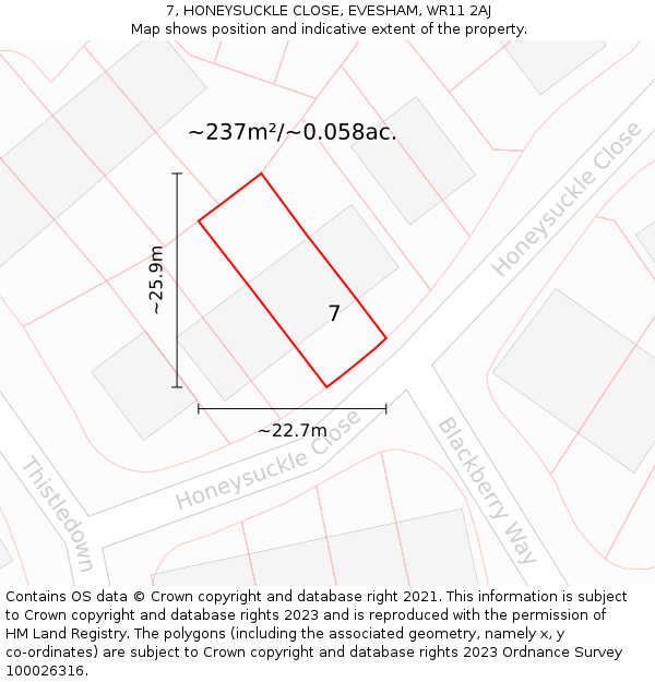 7, HONEYSUCKLE CLOSE, EVESHAM, WR11 2AJ: Plot and title map