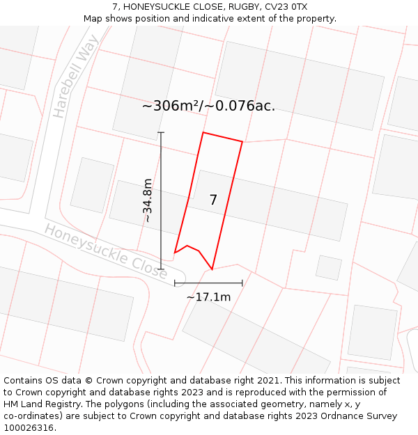 7, HONEYSUCKLE CLOSE, RUGBY, CV23 0TX: Plot and title map