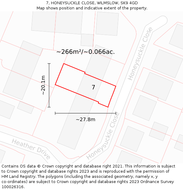 7, HONEYSUCKLE CLOSE, WILMSLOW, SK9 4GD: Plot and title map