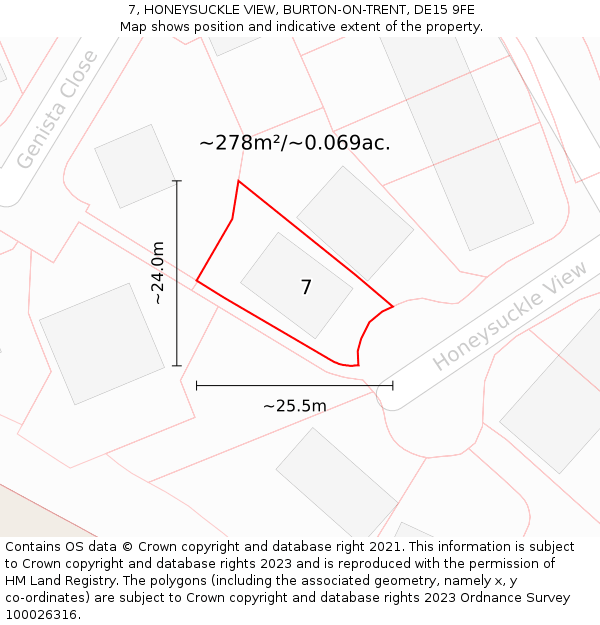 7, HONEYSUCKLE VIEW, BURTON-ON-TRENT, DE15 9FE: Plot and title map