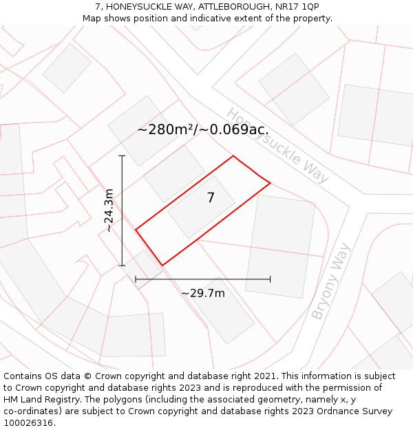 7, HONEYSUCKLE WAY, ATTLEBOROUGH, NR17 1QP: Plot and title map