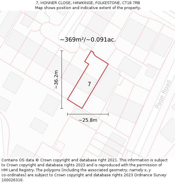 7, HONNER CLOSE, HAWKINGE, FOLKESTONE, CT18 7RB: Plot and title map