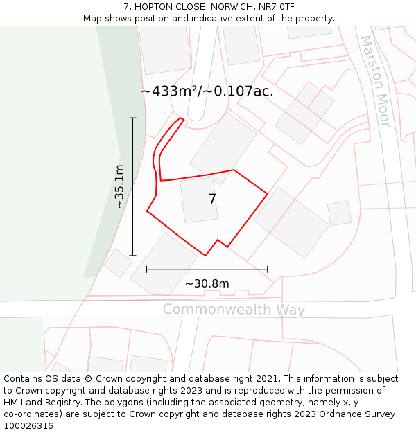 7, HOPTON CLOSE, NORWICH, NR7 0TF: Plot and title map