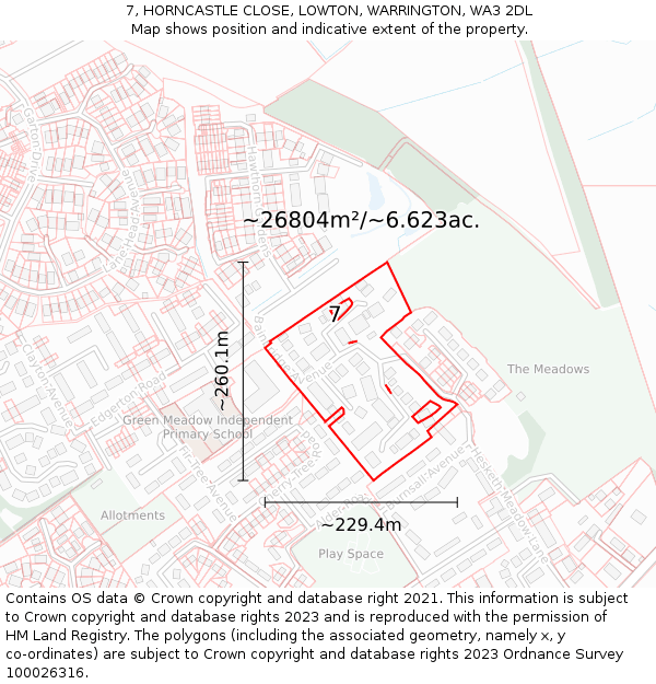7, HORNCASTLE CLOSE, LOWTON, WARRINGTON, WA3 2DL: Plot and title map