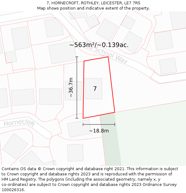 7, HORNECROFT, ROTHLEY, LEICESTER, LE7 7RS: Plot and title map