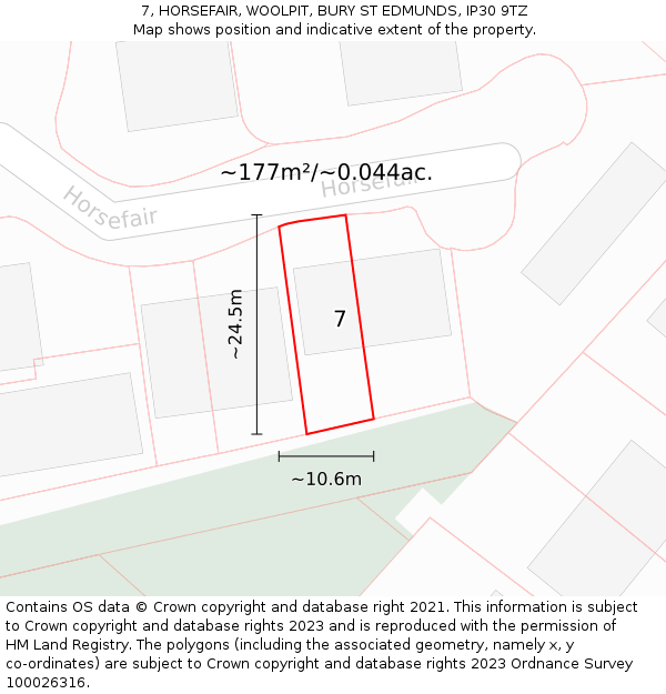 7, HORSEFAIR, WOOLPIT, BURY ST EDMUNDS, IP30 9TZ: Plot and title map
