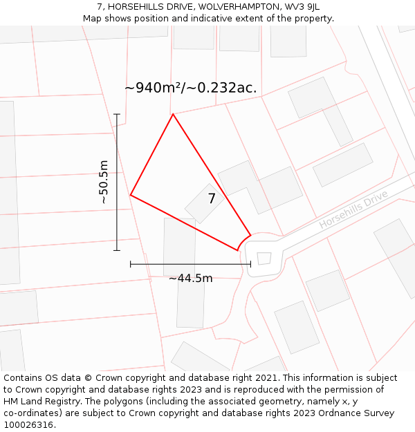 7, HORSEHILLS DRIVE, WOLVERHAMPTON, WV3 9JL: Plot and title map